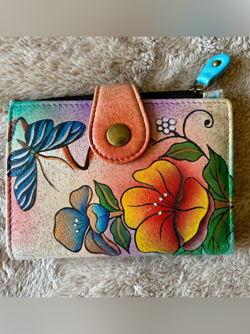 ANNA by ANUSCHKA Handpainted Leather Hibiscus Butterfly Wallet Bifold